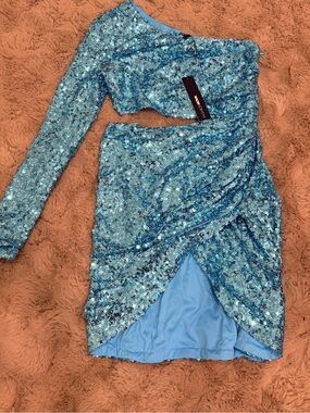 Fashion Nova Light Blue Sequin One-Shoulder Dress